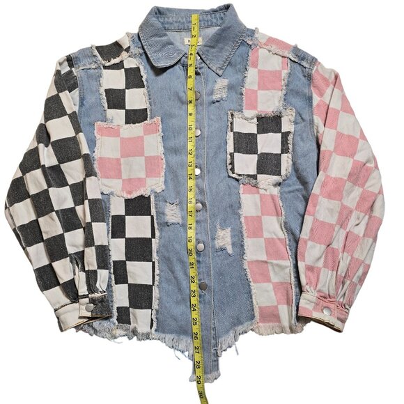 Pol Denim Distressed Checker Patch Jacket Size M Good Used Condition - Picture 7 of 8